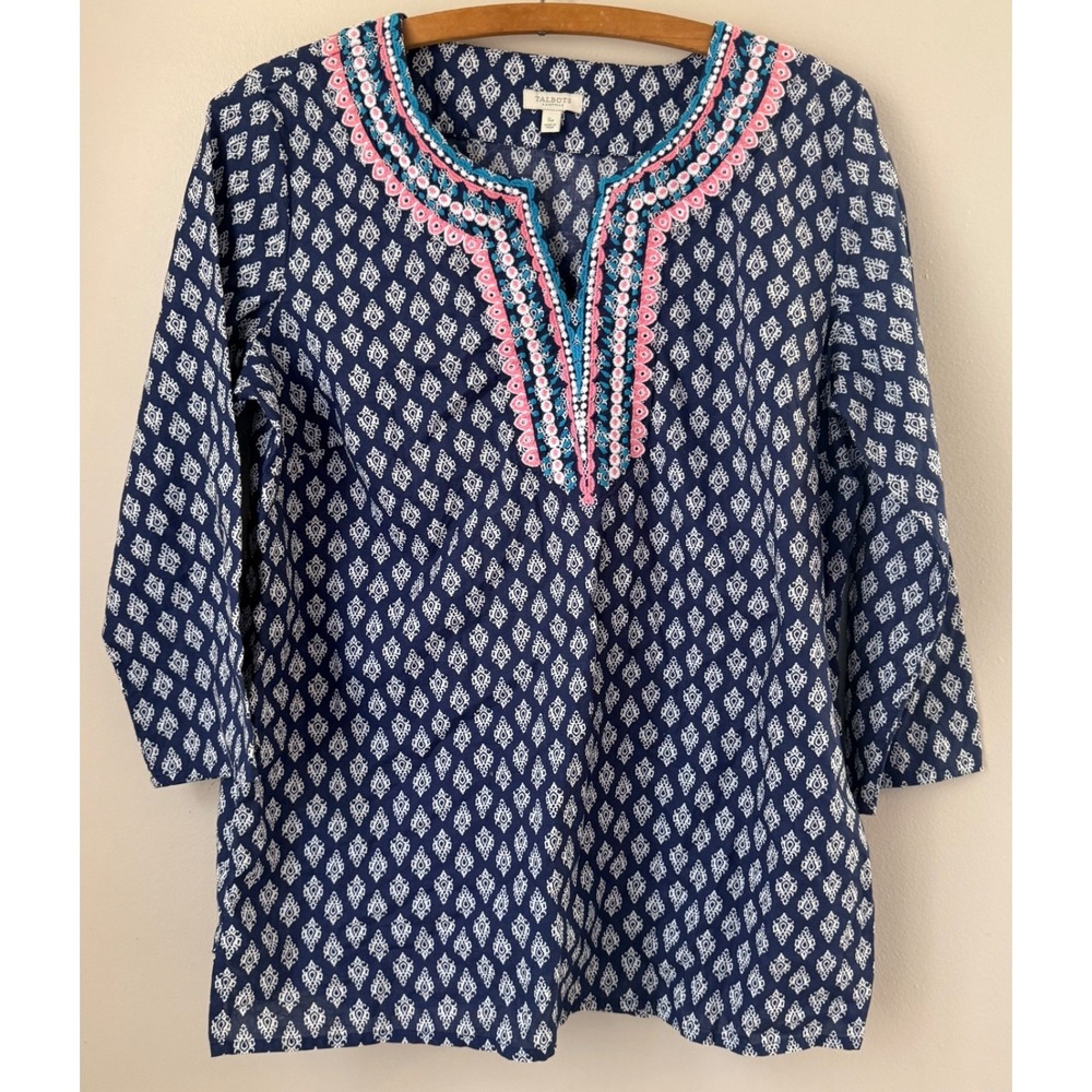 Talbots Women's‎ Navy White Diamond Print Embroidered  Top PSmall Boho Coastal